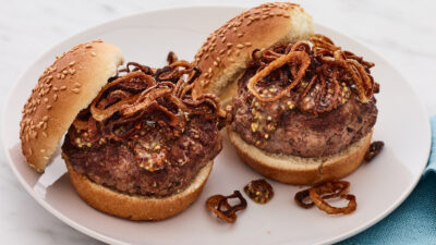 SLIDERS WITH ONION HAYSTACK AND PAN SAUCE