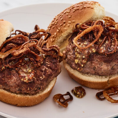 SLIDERS WITH ONION HAYSTACK AND PAN SAUCE