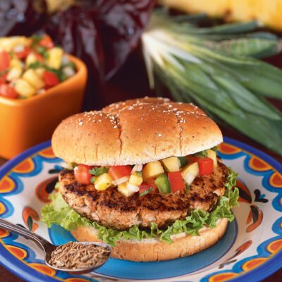 Southwestern Grilled Turkey Burgers with Pineapple Pico de Gallo