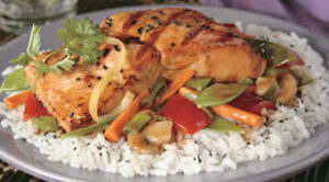 Soy Glazed Salmon with Vegetables & Rice