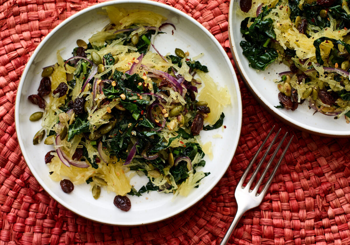 Spaghetti Squash with Saut&eacute;ed Kale, Red Onions, and Raisins