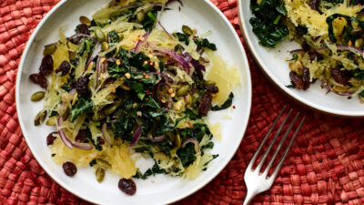 Spaghetti Squash with Saut&eacute;ed Kale, Red Onions, and Raisins