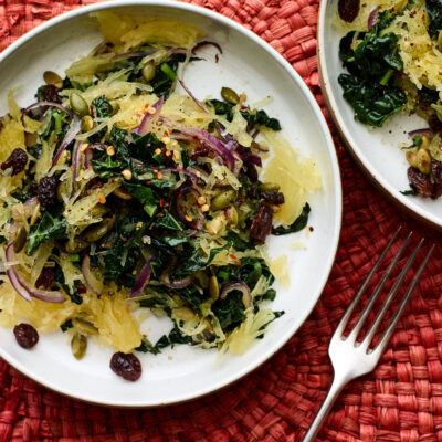 Spaghetti Squash with Saut&eacute;ed Kale, Red Onions, and Raisins