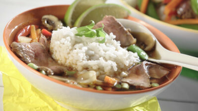 Spicy Ginger Beef & Rice Soup with Lime