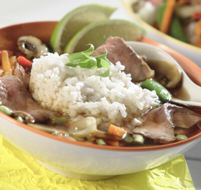 Spicy Ginger Beef & Rice Soup with Lime