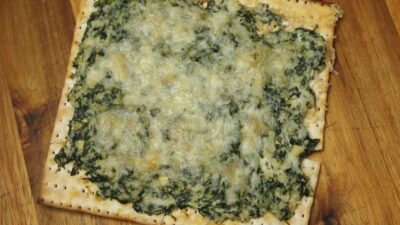 spinach and artichoke dip matzo pizza