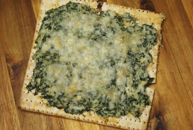 spinach and artichoke dip matzo pizza