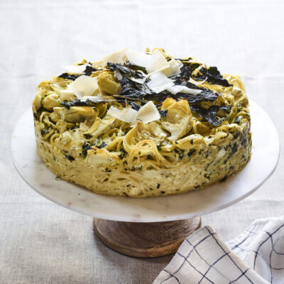 spinach artichoke spaghetti pie