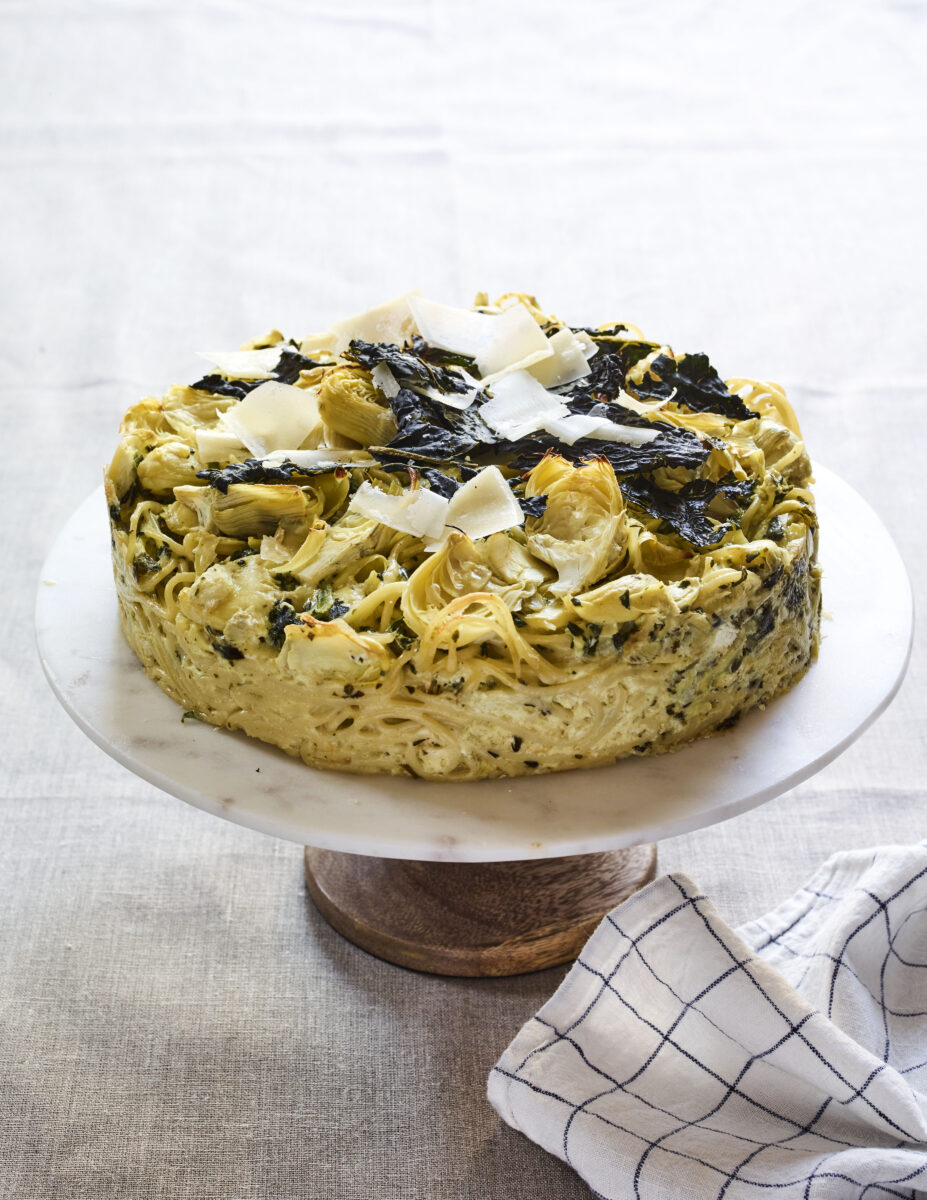 spinach artichoke spaghetti pie