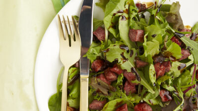 Spring Leaf Lettuce with Pastrami Croutons and Balsamic Vinaigrette, low carb and delish