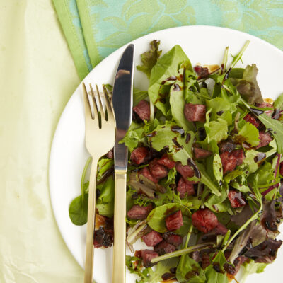 Spring Leaf Lettuce with Pastrami Croutons and Balsamic Vinaigrette, low carb and delish