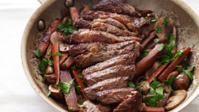 Steak with Red Wine Glazed Carrots, Parsnips & Mushrooms