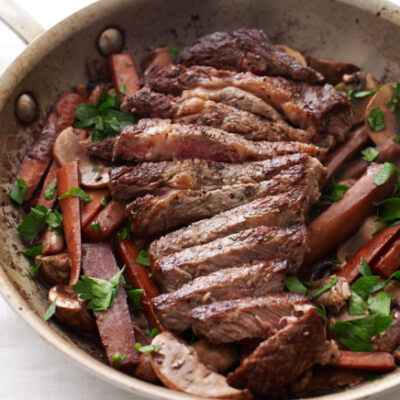 Steak with Red Wine Glazed Carrots, Parsnips & Mushrooms