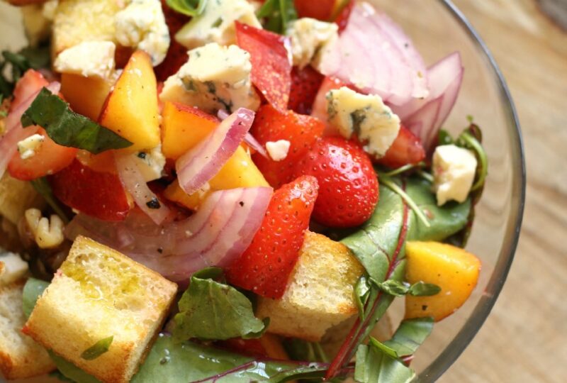 Strawberry Nectarine Panzanella with Blue Cheese