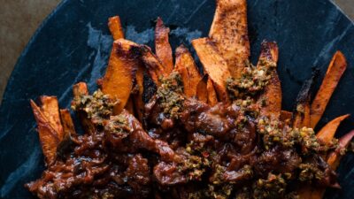 Sweet potato fries with sabra eggplant