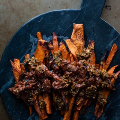 Sweet potato fries with sabra eggplant