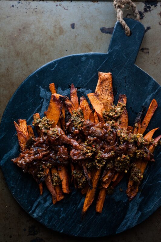 Sweet potato fries with sabra eggplant