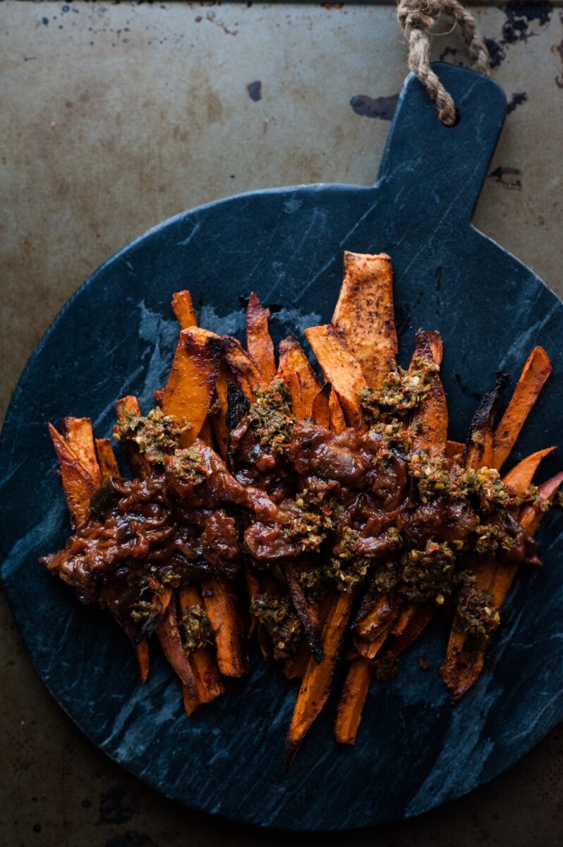 Sweet potato fries with sabra eggplant