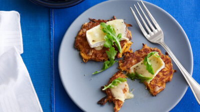 Sweet Potato Latkes with Brie and Baby Arugula
