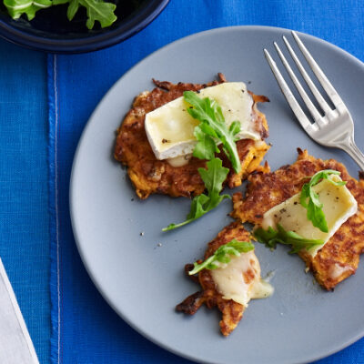 Sweet Potato Latkes with Brie and Baby Arugula
