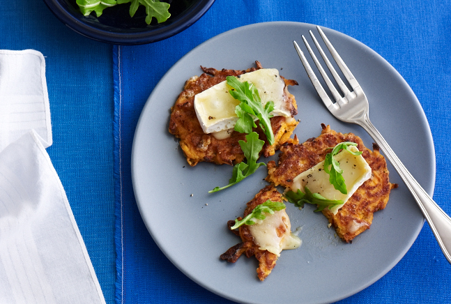 Sweet Potato Latkes with Brie and Baby Arugula