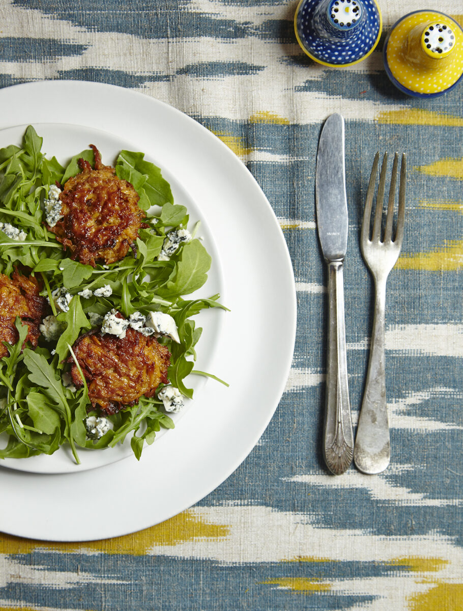 SWEET POTATO LATKE, ARUGULA, AND BLUE CHEESE SALAD WITH HONEY VINAIGRETTE