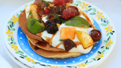 Yogurt Date Honey Pancakes with Sheva Minim Salad