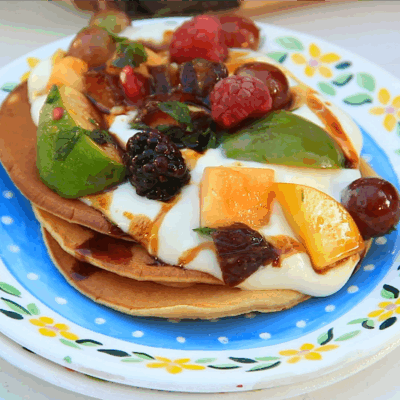 Yogurt Date Honey Pancakes with Sheva Minim Salad