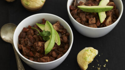 turkey chili loaded with cornbread muffins