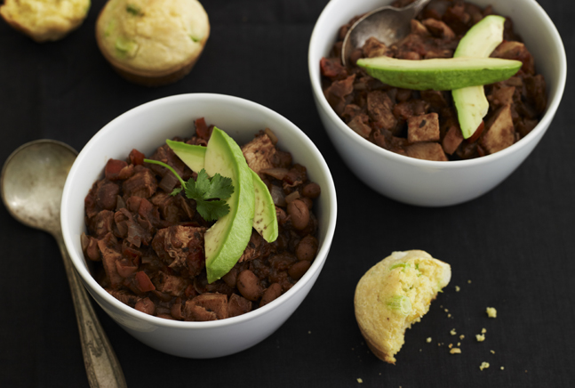 turkey chili loaded with cornbread muffins