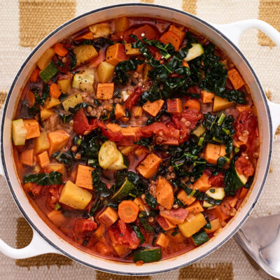 colorful veggie soup with Israeli couscous