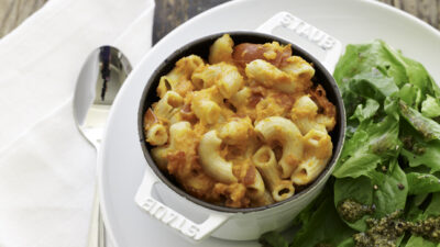 Vegetable Mac and Cheese and Greens with Pesto Vinaigrette