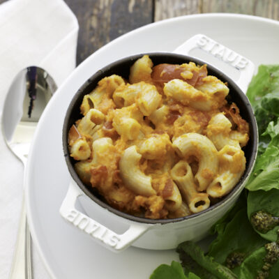Vegetable Mac and Cheese and Greens with Pesto Vinaigrette