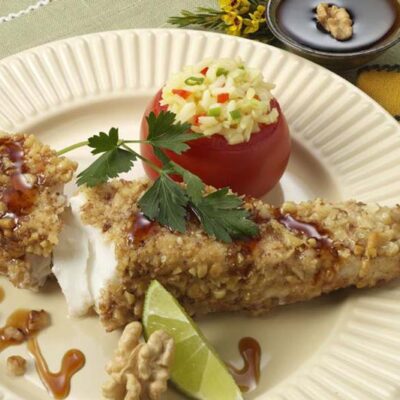 Walnut Crusted Halibut with Honey Soy Sauce