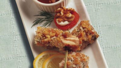 Walnut Crusted Salmon Bites with Apricot Ginger Dipping Sauce