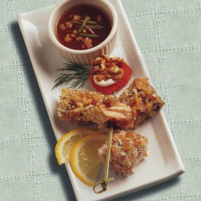 Walnut Crusted Salmon Bites with Apricot Ginger Dipping Sauce