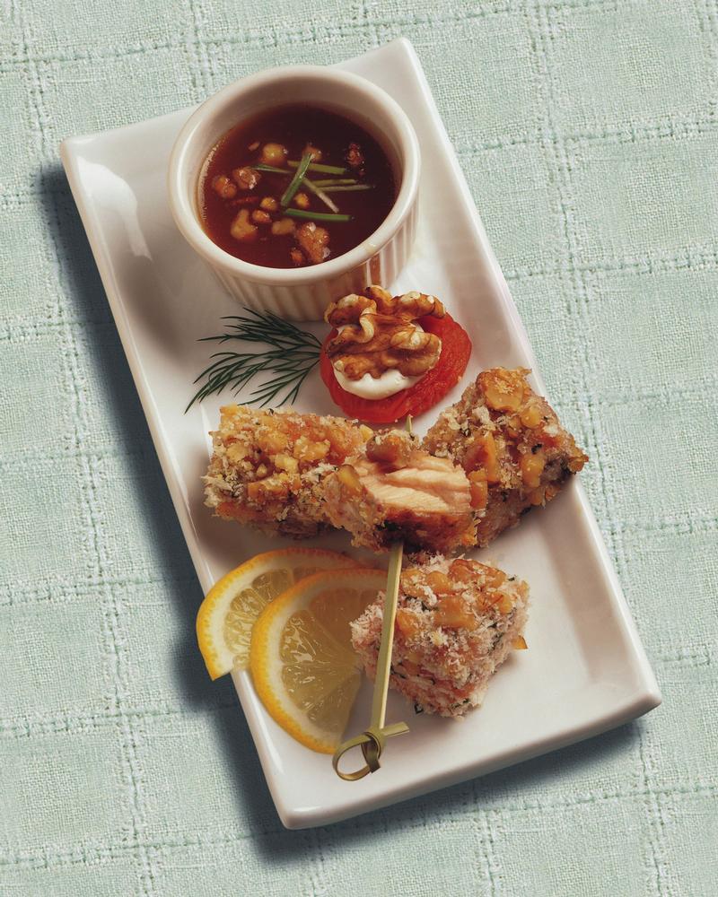 Walnut Crusted Salmon Bites with Apricot Ginger Dipping Sauce