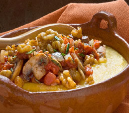 Walnut Rosemary Polenta with Tomato Mushroom Saute