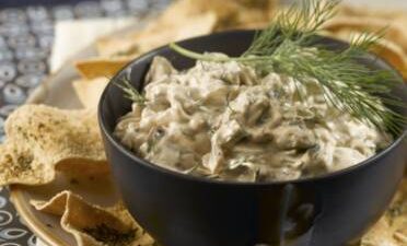 Warm Mushroom Dip with Baked Pita Crisps