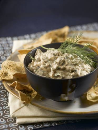 Warm Mushroom Dip with Baked Pita Crisps