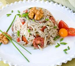 Warm Orzo and Walnut Salad with Garden Vegetables, Chevre and Herbs