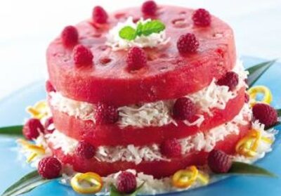 Watermelon Coconut Cake with Raspberry Filling