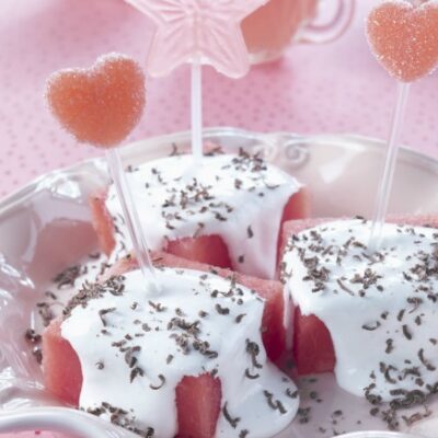 Watermelon Marshmallow Puffs with Chocolate Dust