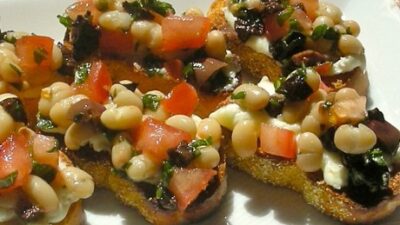 White Bean Tomato Goat Cheese and Olive Bruschetta