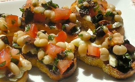 White Bean Tomato Goat Cheese and Olive Bruschetta