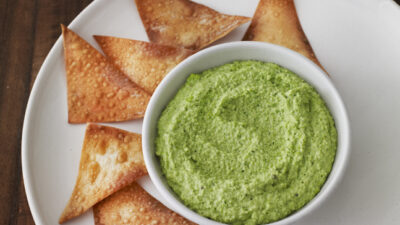 Wonton Chips with Edamame Dip