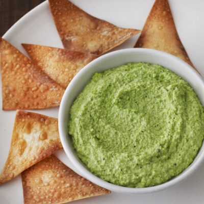 Wonton Chips with Edamame Dip
