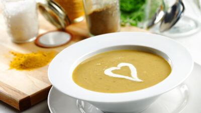 Yellow Split Pea Soup with Chili-Spiked Onion and Creme Fraice