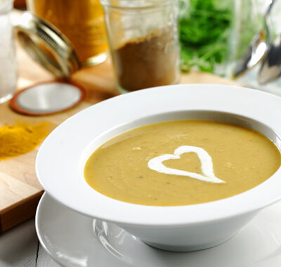 Yellow Split Pea Soup with Chili-Spiked Onion and Creme Fraice