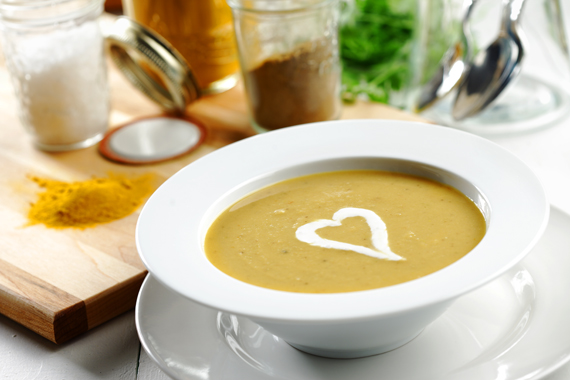 Yellow Split Pea Soup with Chili-Spiked Onion and Creme Fraice